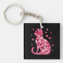 Chaveiro Arte Silhouette de Gato Floral