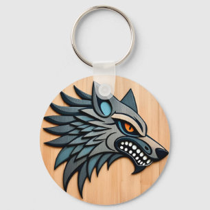 Chaveiro Arte Tribal Estilizada de Lobo com Olhos Laranja