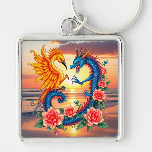 Chaveiro Arte vibrante do Dragão e Fênix com Flor (Frente)