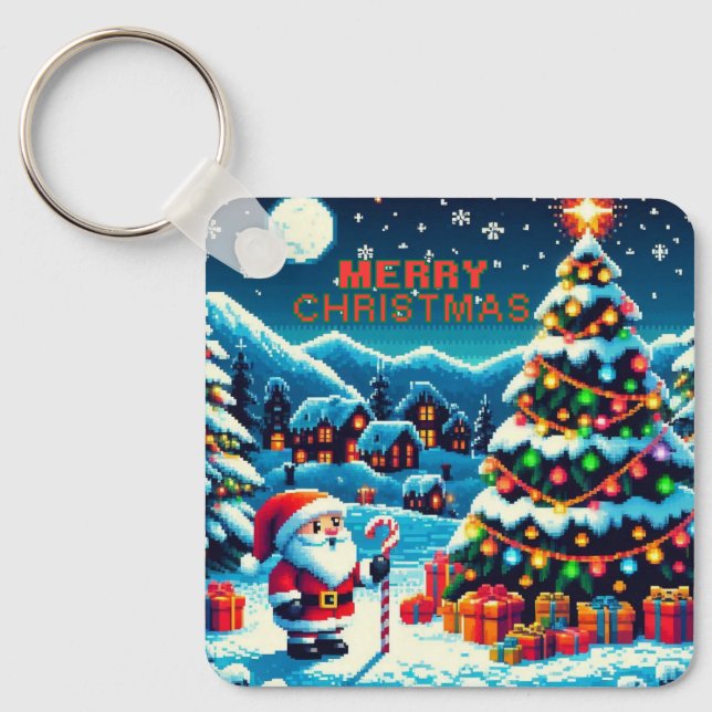 Chaveiro Árvore de Natal de 8 bits e Papais noeis (Frente)