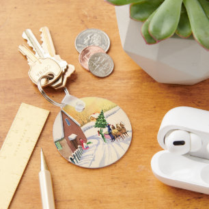 Chaveiro Árvore natal vintage em uma estrada Snowy Winter