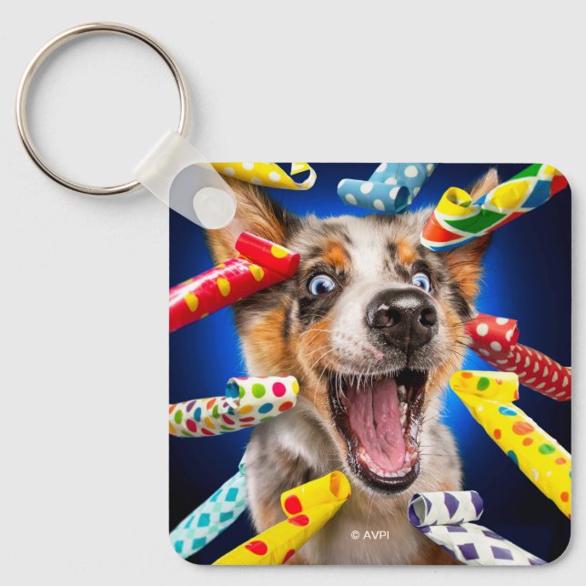 Chaveiro Assopradores de Festa de Cachorro Feliz (Frente)