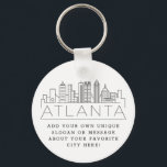 Chaveiro Atlanta, Georgia Stylized Skyline | Slogan Persona<br><div class="desc">Uma cadeia-chave única que representa a bela cidade de Atlanta,  Geórgia. Este chaveiro apresenta uma ilustração estilizada do horizonte único da cidade com seu nome embaixo. Por baixo do nome da cidade está um lugar para o seu slogan ou afirmação exclusivo sobre a sua cidade favorita.</div>