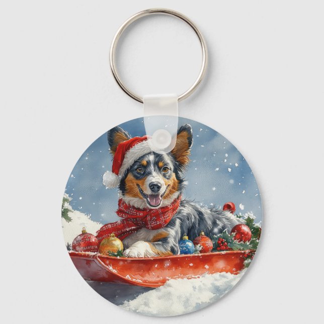 Chaveiro Australian Kelpie em Trenó Deixe Nevar Natal (Frente)