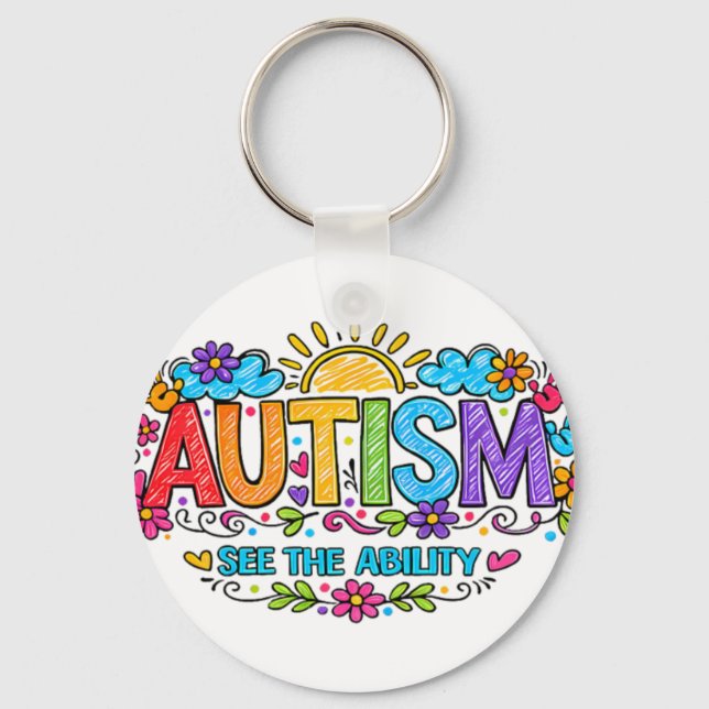 Chaveiro Autism Ability Love Rainbow Handprints Sun Cloud (Frente)