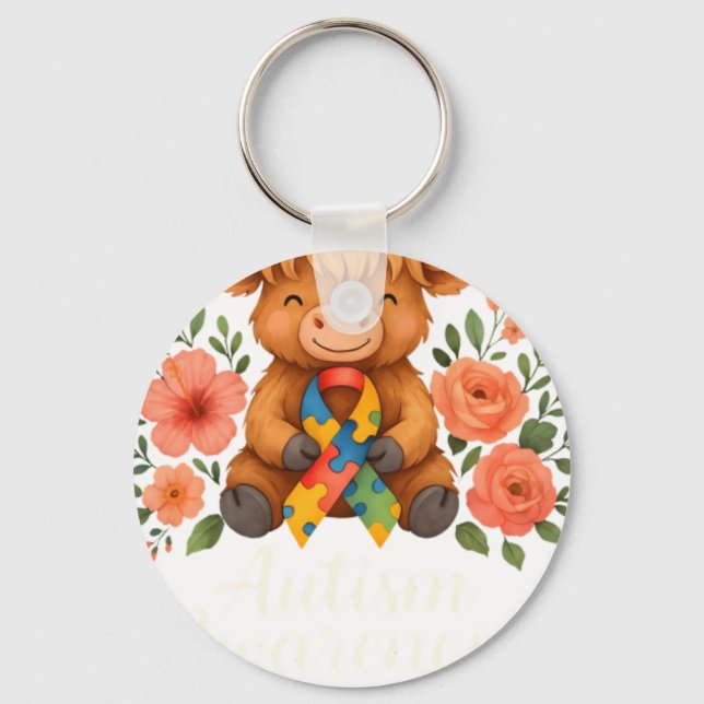 Chaveiro Autism Awareness Highland Cow Flora (Frente)