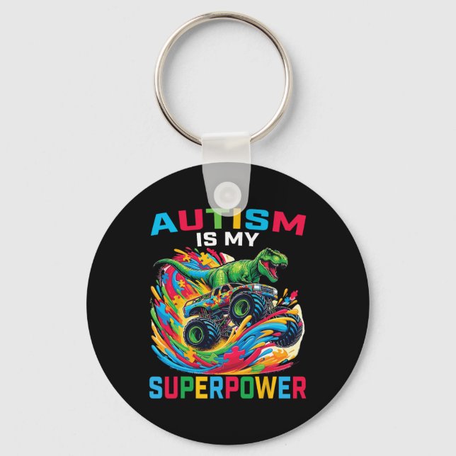 Chaveiro Autismo É Meu Superpoder Dino T Rex Monster Truck  (Frente)