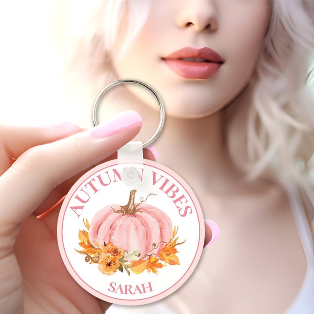 Chaveiro Autumn Vibes Pink Pumpkin Fall Nome Personalizado (Autumn Vibes Pink Pumpkin Fall Custom Name Keychain)