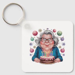 Chaveiro Avó engraçada olhando para o bolo de aniversário