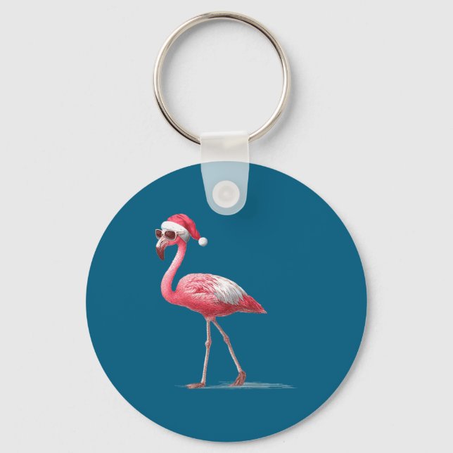 Chaveiro Awesome Cool Flamingo With Christmas Hat And Sungl (Frente)