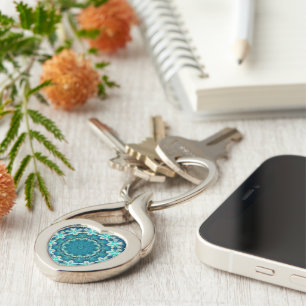 Chaveiro Azul Aqua Mandala Rosette Retro Hippie
