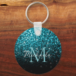 Chaveiro Azul Aqua Ombre faux glitter farelos Monograma