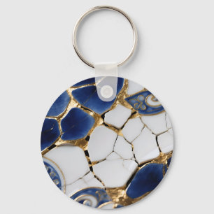 Chaveiro Azul Branco Ouro Mosaico de Porcelana Kintsugi