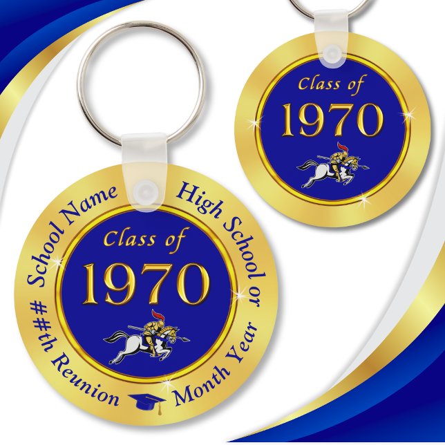 Chaveiro Azul e Dourado, Classe da Reunião de 1970, Favores (Blue Gold, Knight on Horse, Class of 1970 Reunion, Party Favors. Cheap, Class of 70 ideas for gifts.)