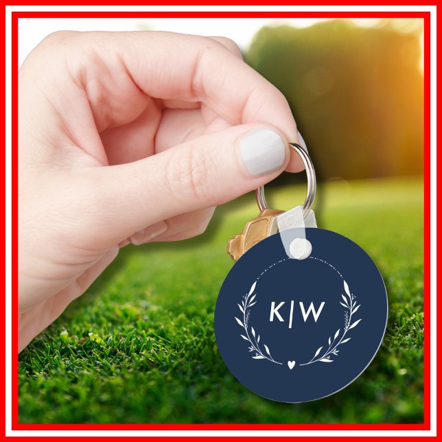 Chaveiro Azul Marinho e Branco | Monograma de Iniciais Mode (Navy Blue and White | Modern Initials Monogram Keychain)