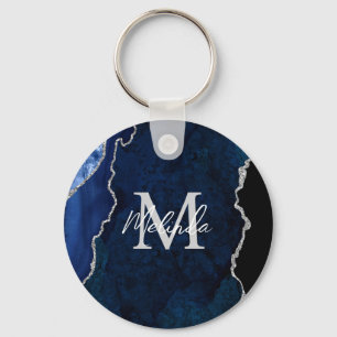 Chaveiro Azul Marinho e Mármore de Ágata Prateado