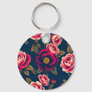 Chaveiro Azul Marinho Flores Corais Rosas Douradas Folhas V