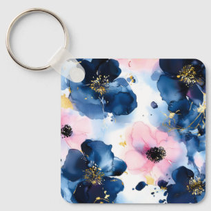 Chaveiro Azul Marinho Rosa Bege Dourado Floral Aquarela