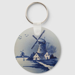Chaveiro Azul Vintage Delft Moinho de Vento Branco