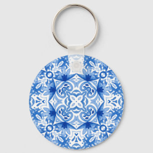 Chaveiro Azulejo branco azul, padrão uniforme de aquarela.