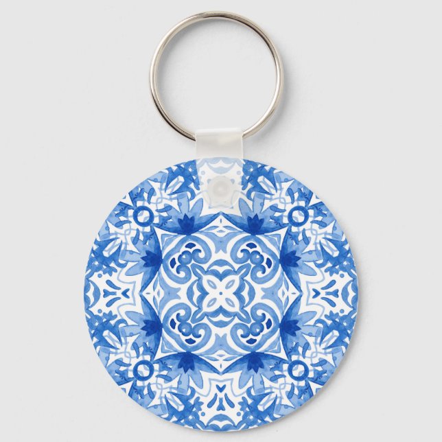 Chaveiro Azulejo branco azul, padrão uniforme de aquarela. (Frente)