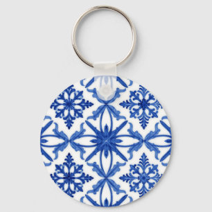Chaveiro Azulejo de Telha Floral Azul Branco
