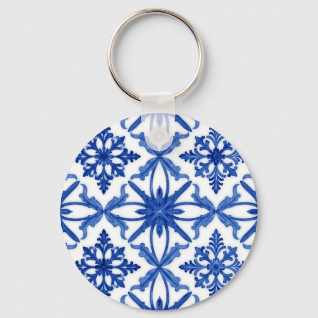 Chaveiro Azulejo de Telha Floral Azul Branco (Frente)