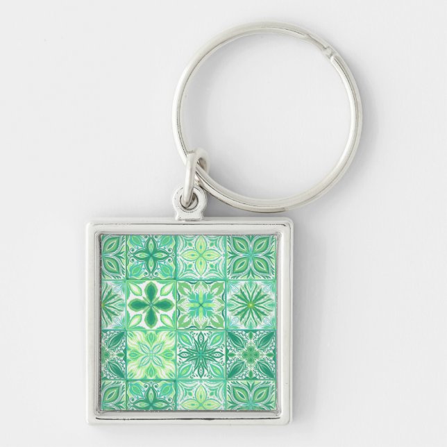 Chaveiro azulejos ornamentados em verde e branco (Frente)