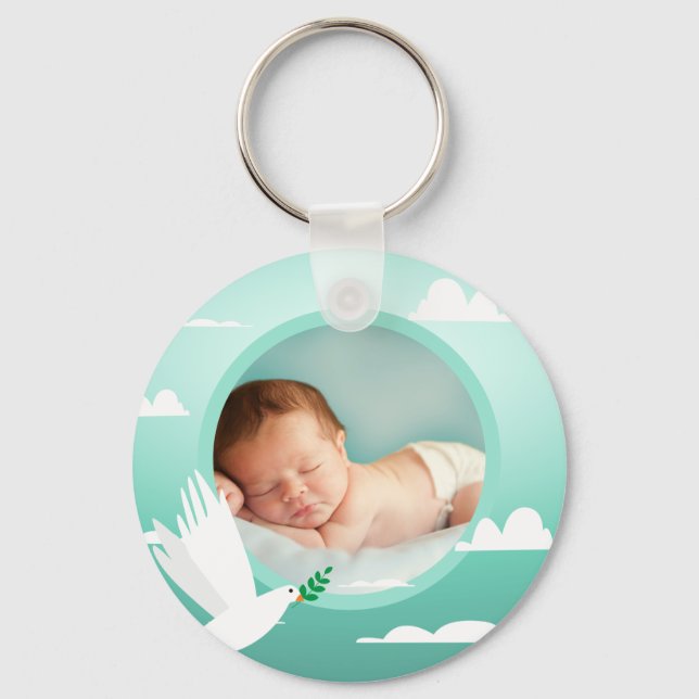 Chaveiro Baby Boy Baptism Dove Clouds Photo Frame (Frente)