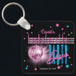 Chaveiro Bachelorette Neon Look Disco Retro, 70 anos<br><div class="desc">Faça uma viagem de volta aos anos 70 e festas no lado selvagem com esta bola retrorreflectora de discoteca "Bem-vindo" ao design de "Bachelorette Disco Party" rosa, azul elétrico e incluindo texto rosa e prateado com estrelas de tom rosa, azul e prateado (não folha de alumínio) — tudo sobre fundo...</div>