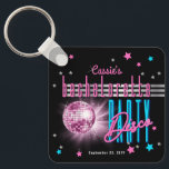 Chaveiro Bachelorette Neon Look Disco Retro, 70 anos<br><div class="desc">Faça uma viagem de volta aos anos 70 e festas no lado selvagem com esta bola retrorreflectora de discoteca "Bem-vindo" ao design de "Bachelorette Disco Party" rosa, azul elétrico e incluindo texto rosa e prateado com estrelas de tom rosa, azul e prateado (não folha de alumínio) — tudo sobre fundo...</div>