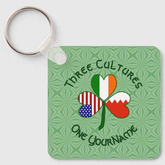 Chaveiro Bahrain Irish American Flags Shamrock Seu nome (Frente)