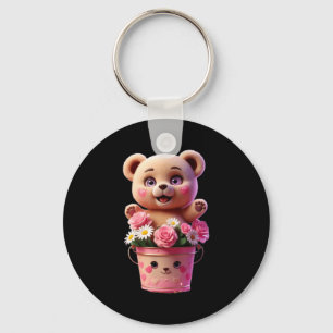 Chaveiro Balde de flores coloridas com urso engraçado uniss