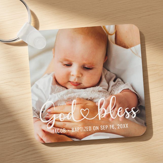 Chaveiro Baptism Simple Modern Heart Baby Photo (Criador carregado)