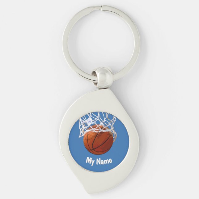 Chaveiro Basquetebol Seu Nome Fundo Azul Aço Personalizado (Frente)