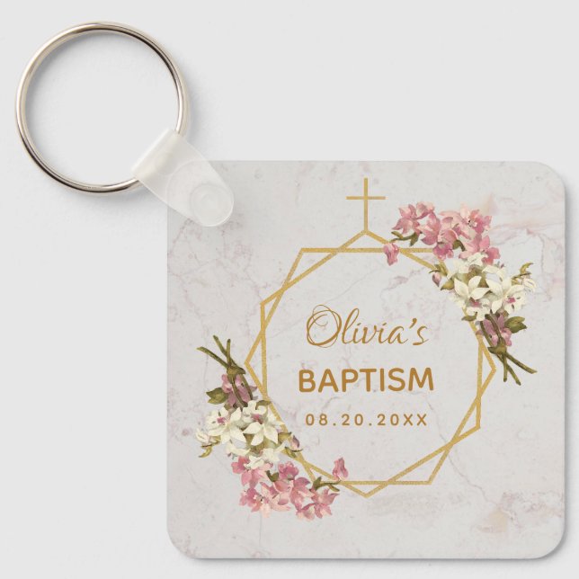 Chaveiro Batismo de Menina Floral Mármore Dourado Orquídeas (Frente)