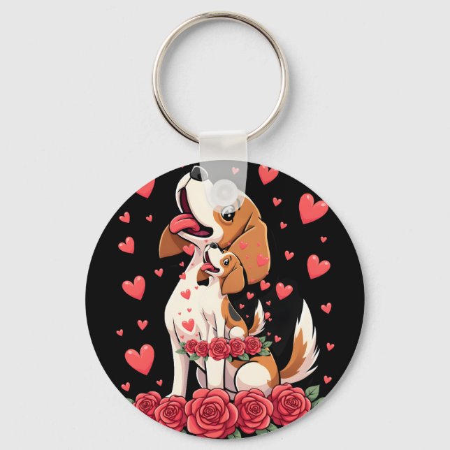 Chaveiro Beagle Fofo com Rosas Vermelhas Corações Floral Di (Frente)