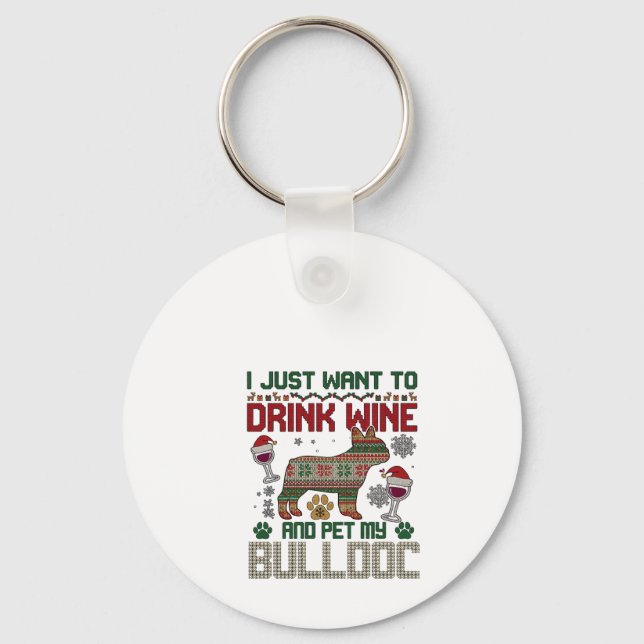 Chaveiro Beba Vinho Bulldog Cachorro Suéter Feio Chapéu de  (Frente)