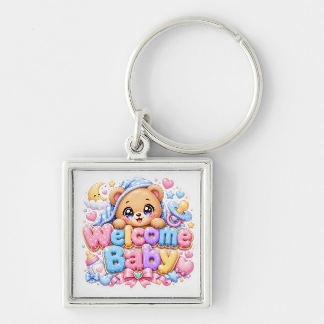 Chaveiro Bebê Bem-vindo Urso de Pelúcia Kawaii Rosa Pastel (Frente)