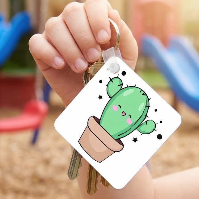Chaveiro Bebê Cacto Kawaii sorrindo em vaso com estrelas (Cute smiling Kawaii Baby Cactus in vase with stars. Keychain)