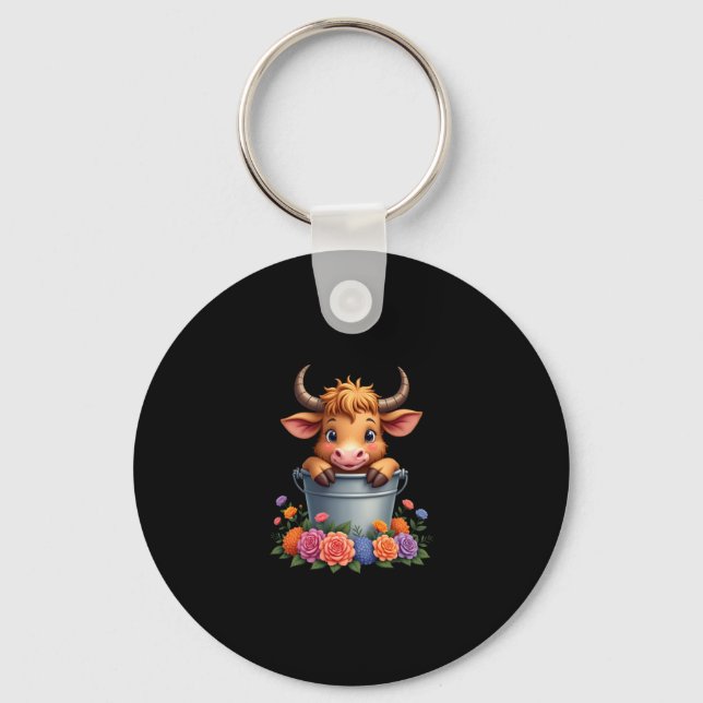 Chaveiro Bebê Fofo Vaca das Terras Altas Com flores Bezerro (Frente)
