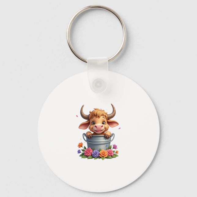 Chaveiro Bebê Fofo Vaca das Terras Altas Com flores Bezerro (Frente)