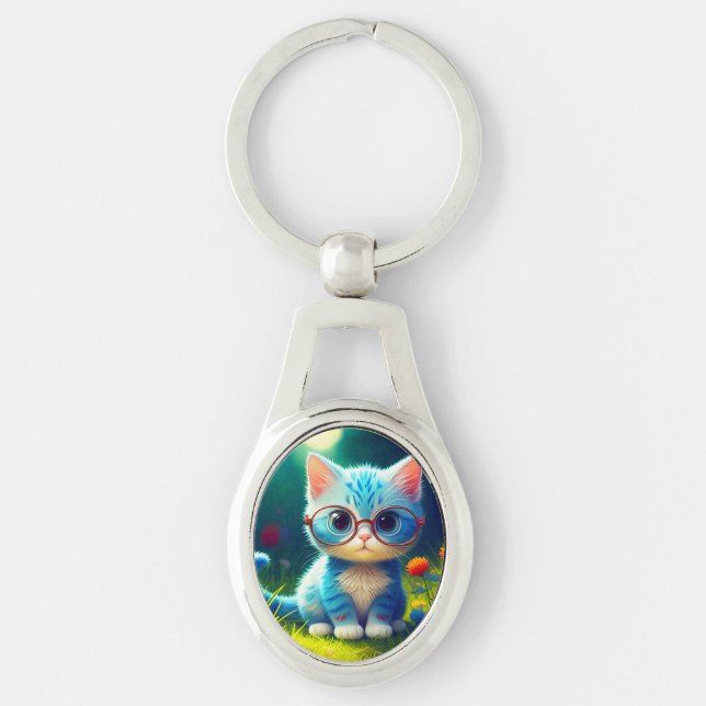 Chaveiro Bebê Gato Azul Fofo Usando Óculos-47067 (Frente)