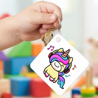 Chaveiro Bebê Unicórnio Kawaii Feliz com Fones de Ouvido