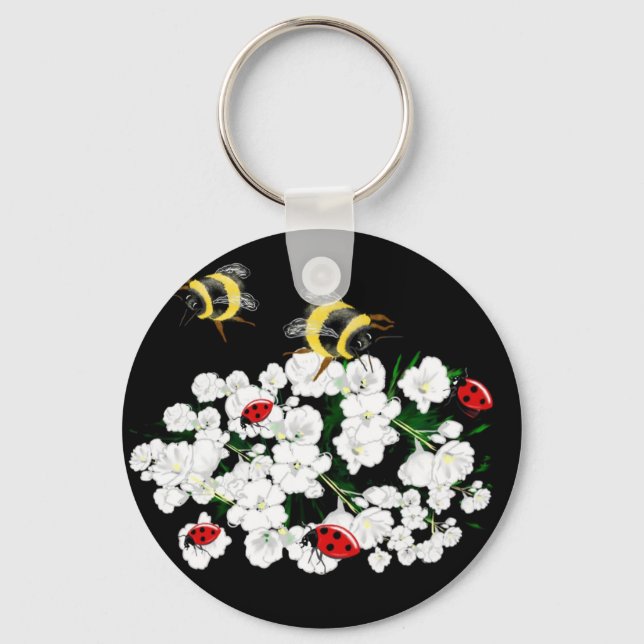 Chaveiro Bebês-frade e flores brancas em preto (Frente)