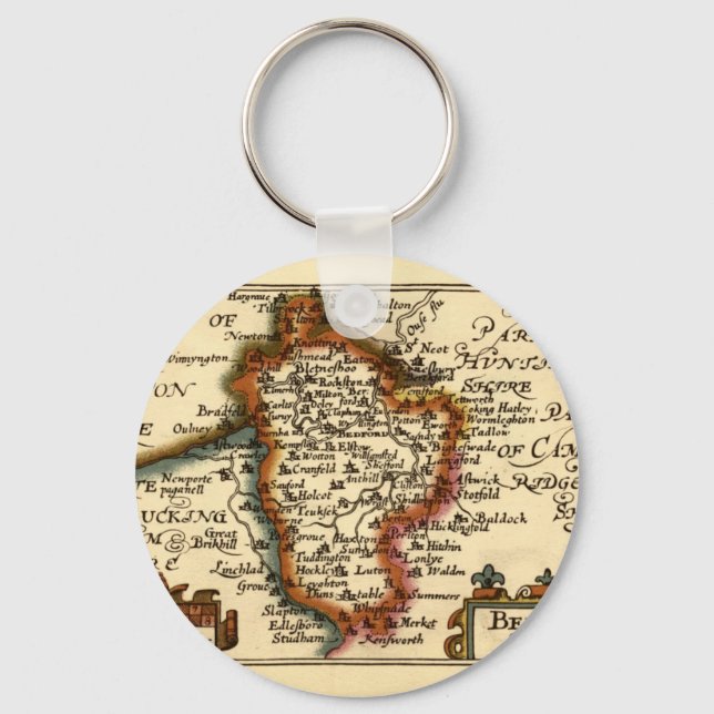 Chaveiro Bedfordshire County England Antigo Mapa Antiquário (Frente)