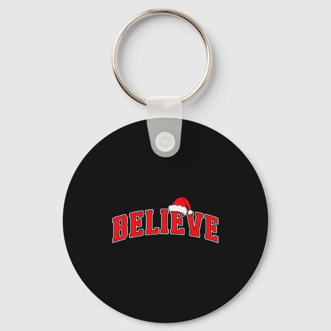 Chaveiro Believe Christmas Varsity Text With Santa Hat Fami (Frente)