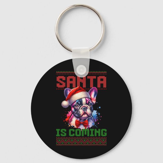 Chaveiro Belo Bulldog Francês Santa Hat Holly de Natal (Frente)