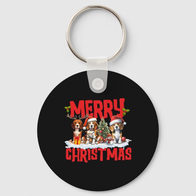 Chaveiro Belo Feliz Natal Beagle Dog Santa Hat Reindeer (Frente)