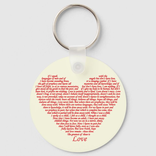 Chaveiro Bíblia Verso 1 Corinthians 13 Love Heart Word Art (Frente)